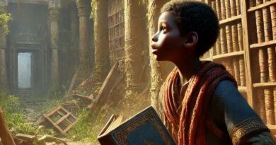 A-young-boy-named-Kelechi-discovering-an-old-forgotten-library-within-the-ruins-of-an-ancient-city-in-the-heart-of-the-African-jungle