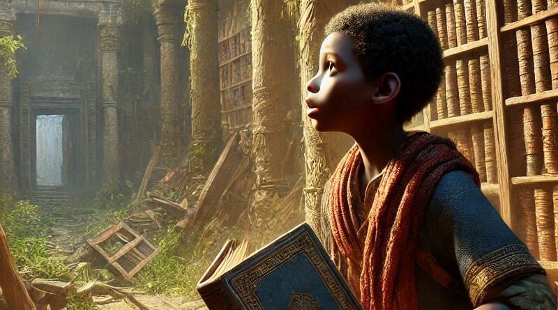 A-young-boy-named-Kelechi-discovering-an-old-forgotten-library-within-the-ruins-of-an-ancient-city-in-the-heart-of-the-African-jungle